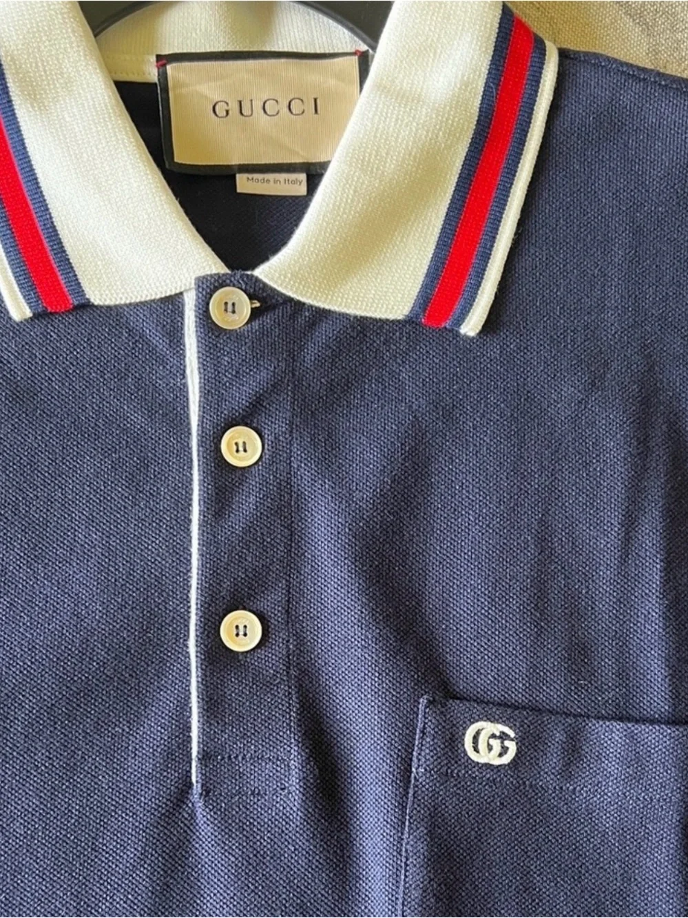 Gucci Navy Polo with White Collar and Red Stripe